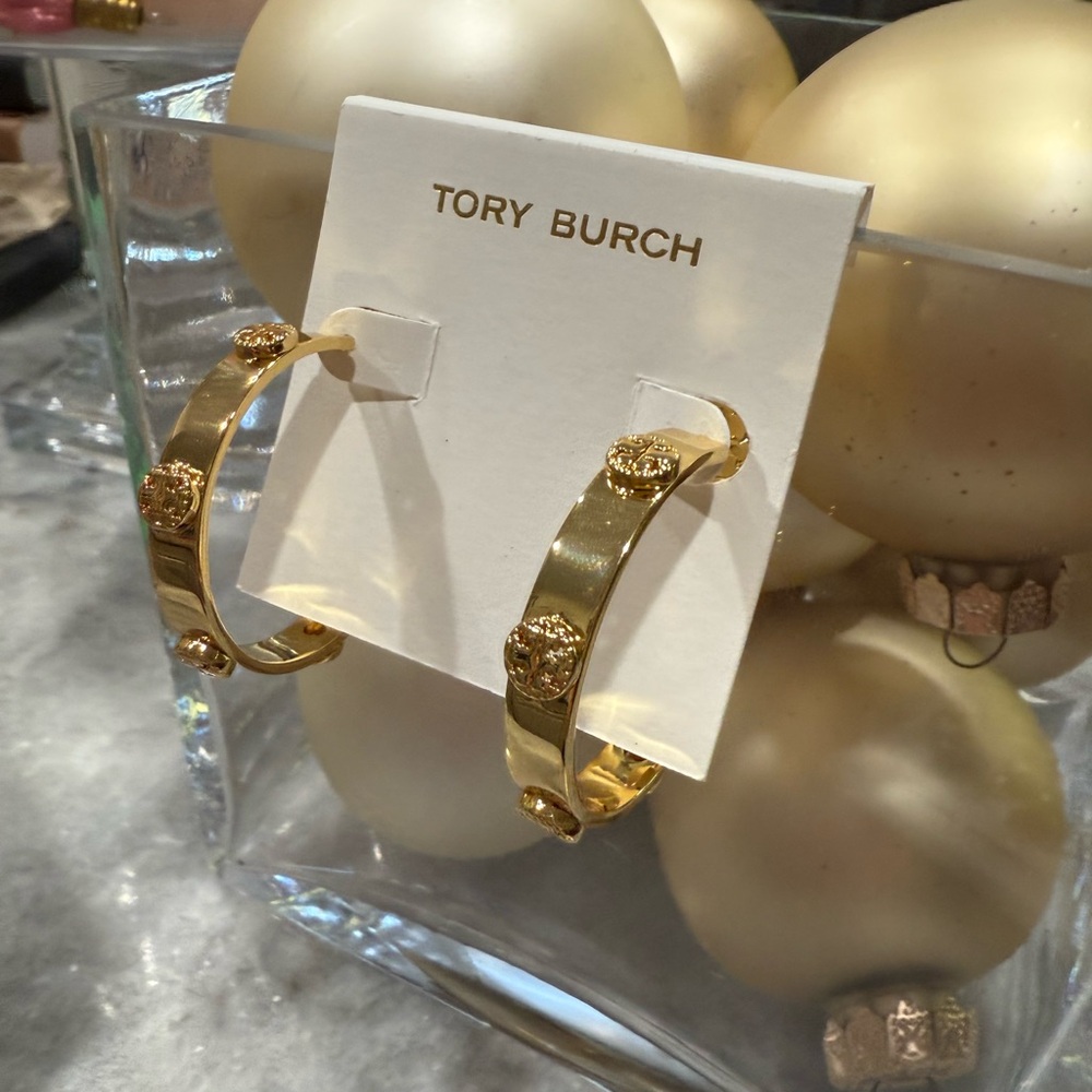Tory Burch Gold Hoop Earrings with Dust Bag. 1 1/2” Size Hoops. - Picture 3 of 7